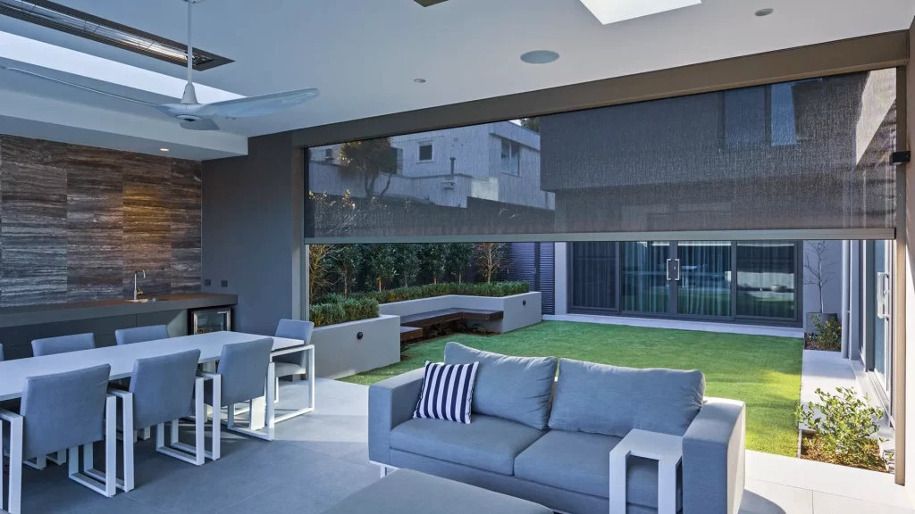 Outdoor living area with external blinds installed