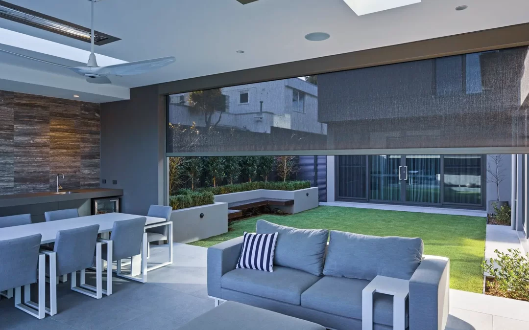 Outdoor living area with external blinds installed