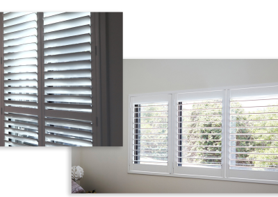 Black and white plantation shutters