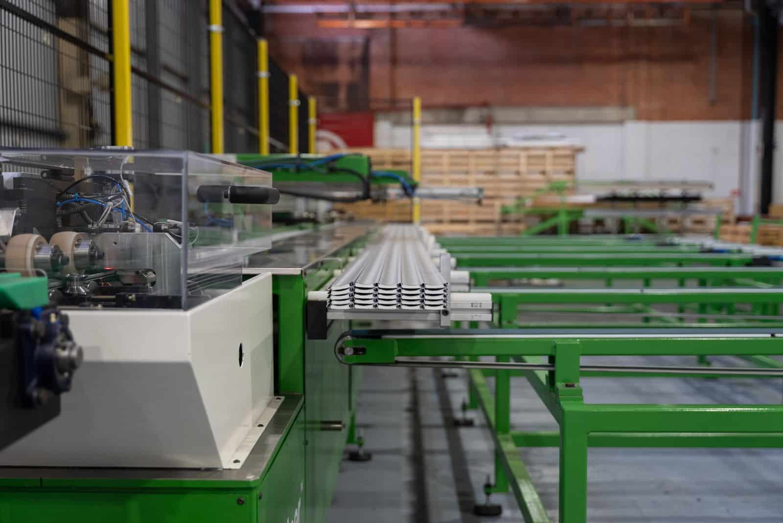 Roller shutter slats running through the roll-forming line at DHE's Elizabeth South factory