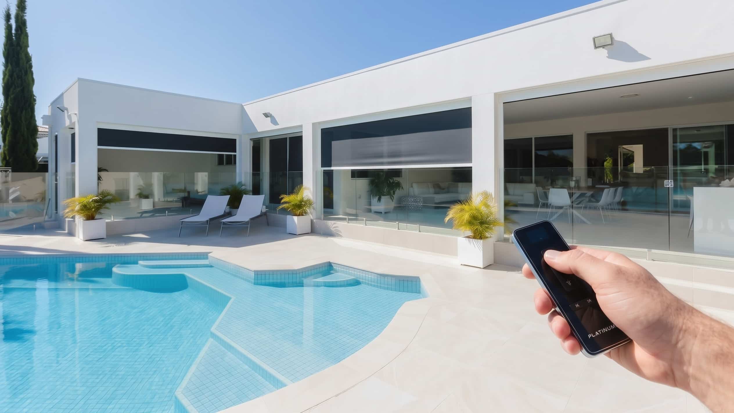 A hand holding a remote control towards outdoor blinds partly lowered across a modern home beside a pool